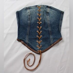 REVICE Denim Lace-Up Corset Crop Top in Blue and Brown